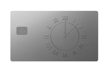 Spending time concept. Bank card with an image of clock face