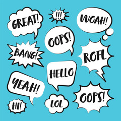 Comic speech bubbles with handwritten text. Outline, hand drawn retro cartoon stickers on blue background. Chatting and communication, dialog elements. Pop art style. Vector illustration
