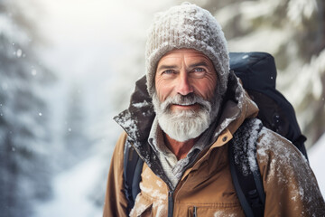 Portrait of an elderly man hiking in the forest at winter - obrazy, fototapety, plakaty
