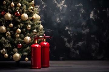 Concept of security: extinguisher on table with festive tree in backdrop. Generative AI - obrazy, fototapety, plakaty
