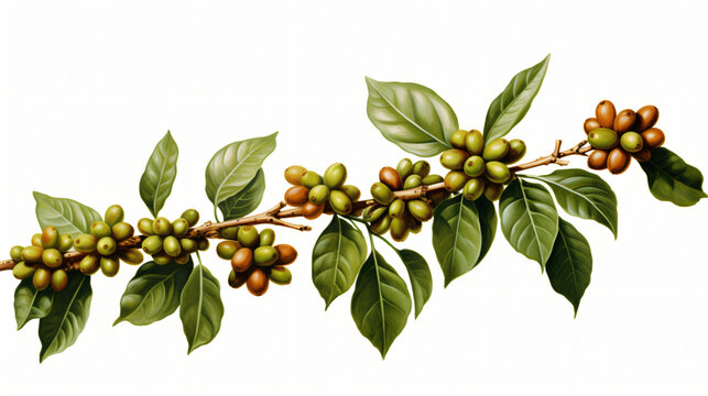 Coffee beans on a tree branch with leaves isolated on white background