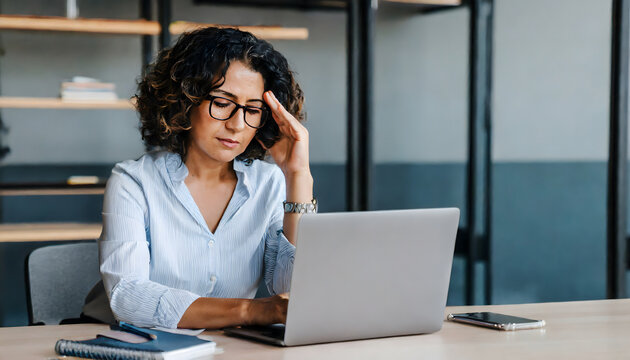 business woman with laptop stressed at work