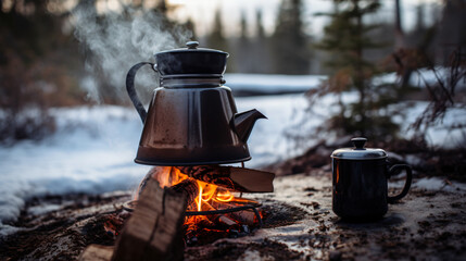 Coffee brewing on a campfire in Lapland Finland - obrazy, fototapety, plakaty