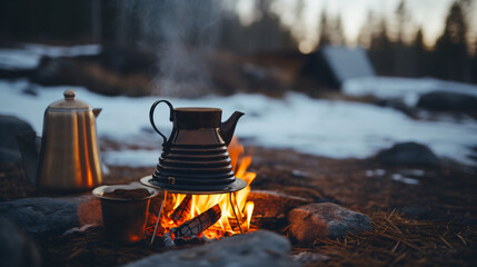 Coffee brewing on a campfire in Lapland Finland - obrazy, fototapety, plakaty