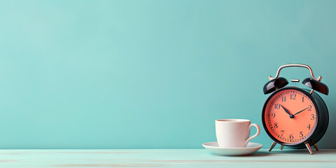 Vintage alarm clock and cup of coffee on the uniform pastel backdrop with a copy space. Generative...