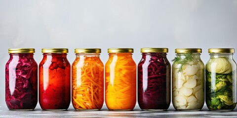 Probiotic food. Pickled or fermented vegetables. Sauerkraut in glass jar on a light background. Home food preserving or canning. Vegan product. - Powered by Adobe