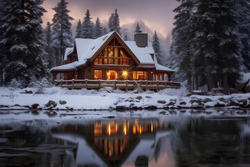 Fototapeta premium Early Evening scene of Beautiful Winter Season of the Mansion - Generated by AI