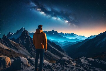 Fototapeta premium hiker on top of mountain majestic catching view of galaxy in midnight ai generated
