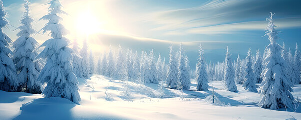 Beautiful winter landscape with white snow covered spruces. Postproducted generative AI illustration.	