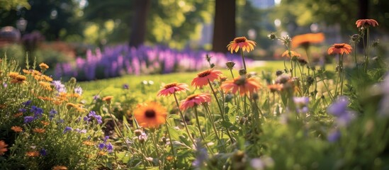 In the beautiful park the vibrant summer flowers with their vivid colors and delicate petals bring happiness to everyone s hearts as they bloom amongst the lush green grass towering trees a