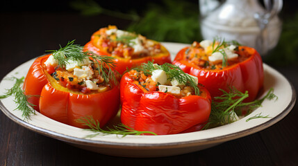 Peppers stuffed with rice, feta, mushrooms, dill.