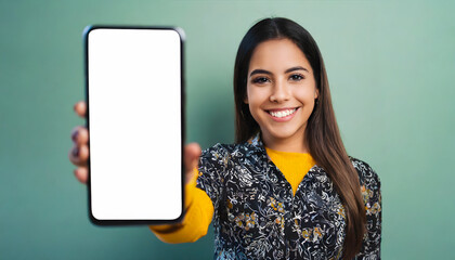 girl showing mobile screen, copy space