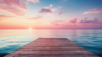Perspective view of a wooden pier on the sea.