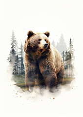 Wild brown bear design for t shirt printing. on white background. wide banner