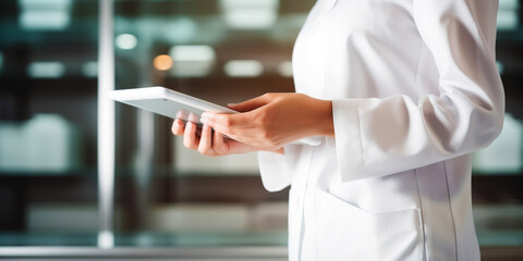 Medical hospital portrait: Confident female medical doctor using tablet . Healthcare concept. Generative AI