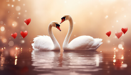Two swans in love on the lake, valentine's day concept