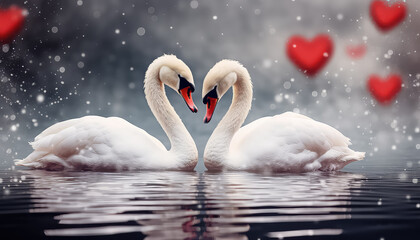 Two swans in love on the lake, valentine's day concept