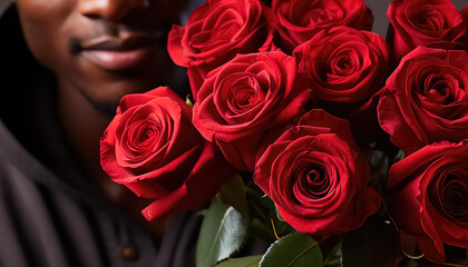black african man with bouquet of red roses, valentine's day concept