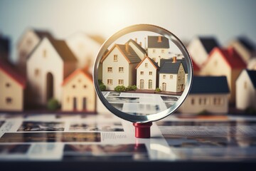 Choice of real estate to buy and invest in House searching concept with magnifying glass , Generative Ai  - obrazy, fototapety, plakaty