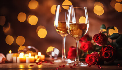 Glass with wine and roses, valentine's day concept