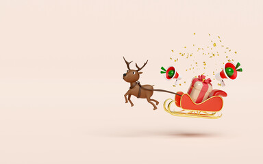 3d reindeer with sleigh, gift box, megaphone or hand speaker, announce promotion news. merry christmas and happy new year, 3d render illustration - obrazy, fototapety, plakaty
