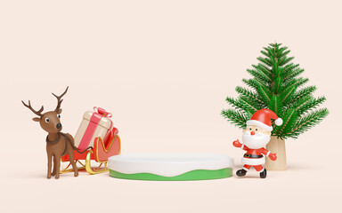 3d Podium empty with reindeer,  Santa Claus, sleigh, gift box, christmas tree. merry christmas and happy new year, 3d render illustration