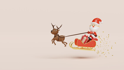 3d reindeer with Santa Claus, sleigh, gift box. merry christmas and happy new year, 3d render illustration
