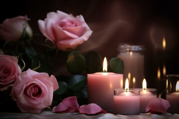 Fototapeta na wymiar Pink rose and lit candles in the backdrop. Expressing condolences. All Souls Day theme. Generative AI