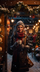 a woman with a mug of a drink in the street in xmas time