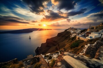 Stunning Santorini island view at sunrise under dramatic sky. Generative AI - obrazy, fototapety, plakaty
