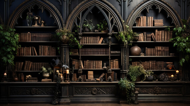 Front view of a bookshelf with books in the interior of a gothic home