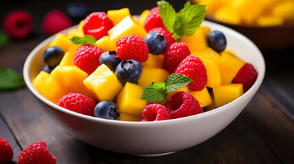 Colorful fruit salad with pieces of mango raspberry