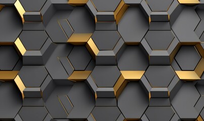 Abstract geometric seamless pattern in gray and golden decor. Hexagon tiles with relief materials. 3D render, Generative AI