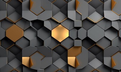 Abstract geometric seamless pattern in gray and golden decor. Hexagon tiles with relief materials. 3D render, Generative AI