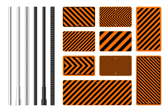 Warning, danger signs, attention banners with metal poles. Orange caution sign, construction site signage. Notice signboard, warning banner, road shield. Vector illustration