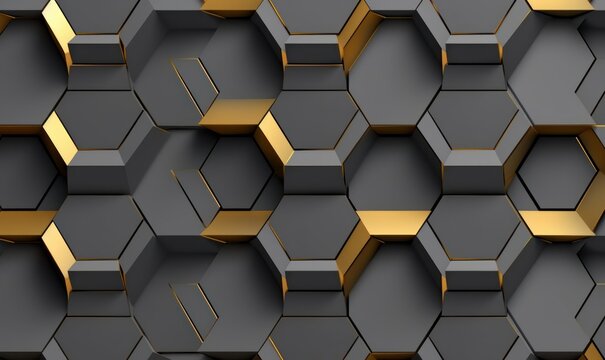 Fototapeta Abstract geometric seamless pattern in gray and golden decor. Hexagon tiles with relief materials. 3D render, Generative AI
