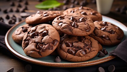 Irresistible chocolate chip cookies with abundant chocolate chips, perfectly presented on a plate