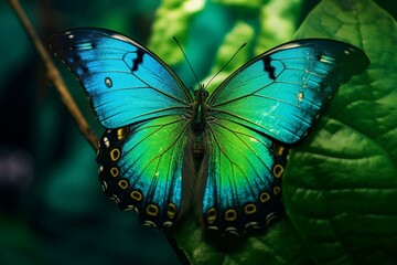 close-up of a vibrant butterfly with intense green and blue tones. Generative AI