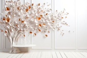 Paper tree, origami with white and gold orange leaves on a blank wall background. Minimal interior, space for text, mockup. Graceful curved shapes, luxury stage design for the product.