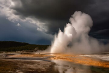 Yellowstone geyser eruption releases explosive steam, water, gas, and lava. Generative AI - obrazy, fototapety, plakaty