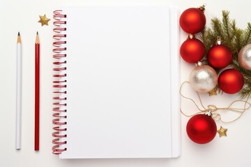 white blank flat lay empty mock up of open planner with christmas tree and decorations