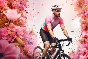 Stylish bearded man in sportswear rides a bicycle against a floral wall background. - obrazy, fototapety, plakaty