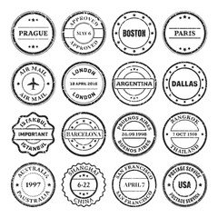 Post stamps, labels and badges. Grunge imprints and postmarks. Vintage circle postcard watermarks. Used envelope design elements. Vector illustration