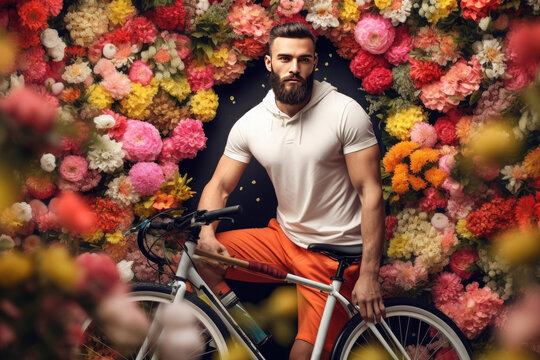Stylish bearded man with a bicycle on a floral wall background.