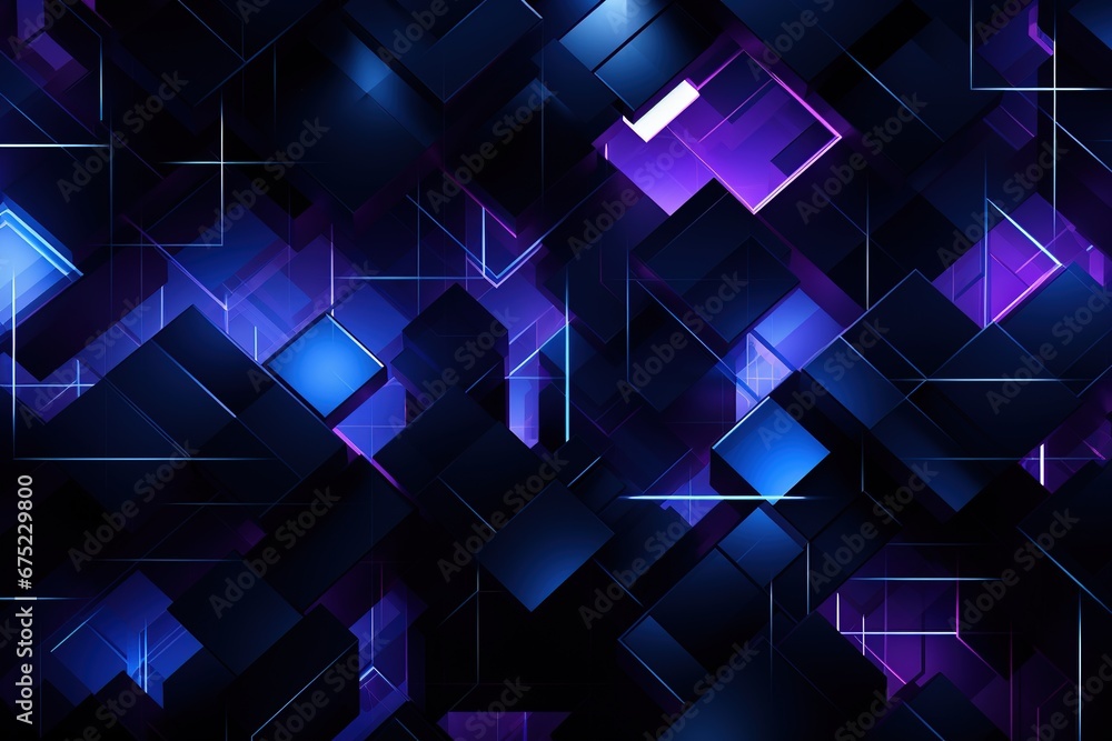 Poster abstract background black cubic square shaped blocks illuminated with pink and blue neon lights. vir