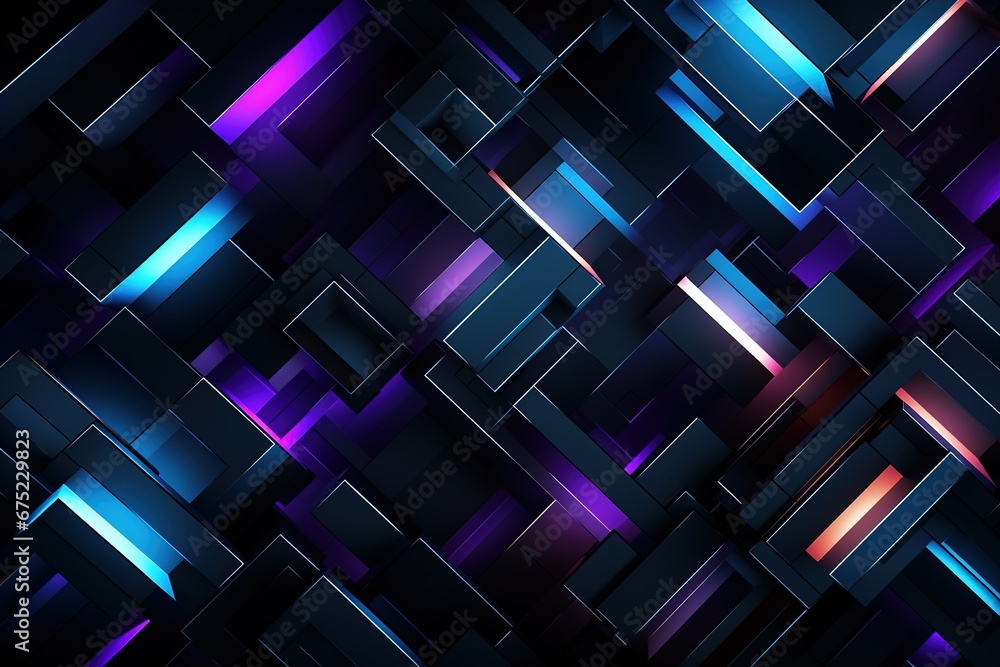 Poster abstract background black cubic square shaped blocks illuminated with pink and blue neon lights. vir