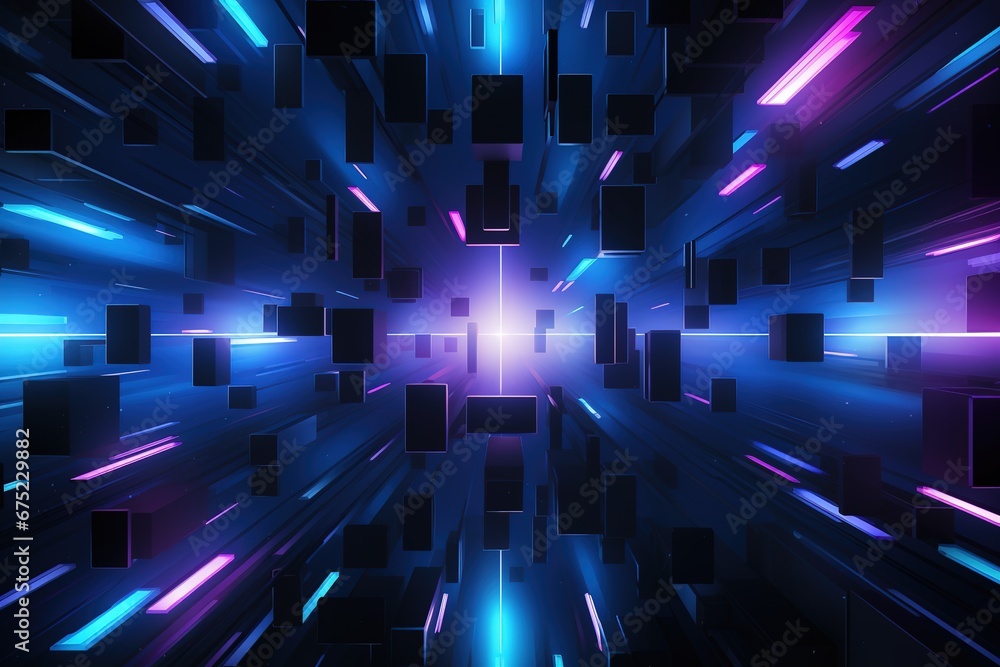 Poster abstract background black cubic square shaped blocks illuminated with pink and blue neon lights. vir