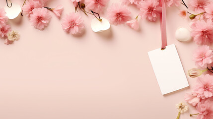 Obraz premium A white label or tag from clothing hangs on a branch of a blossoming cherry tree with a pink background. Free space for placing a product or advertising text.