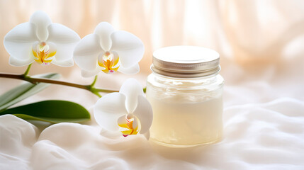 Fototapeta na wymiar Spa composition, white towel, orchid flower and a jar of moisturizing cream. Products for relaxation and health on a light background. Skin care.
