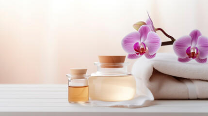 Fototapeta na wymiar Spa composition, white towel, orchid flower and a jar of aroma oil. Products for relaxation and health on a light background. Skin care